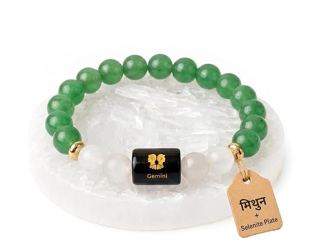 ShivaRatna Gemini Zodiac Bracelet | Mithun Rashi (मिथुन राशि) | Selenite Plate | Original Green Aventurine | Lab Certified | Men & Women