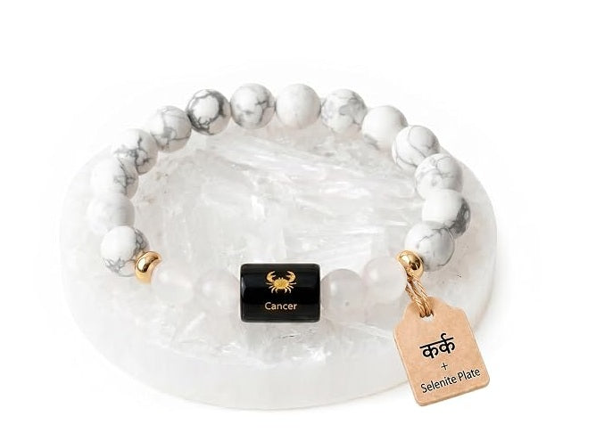 ShivaRatna Cancer Zodiac Bracelet (कर्क राशि) | Selenite Plate | Howlite & Milky Quartz | Lab Certified | Men & Women