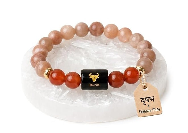 ShivaRatna Taurus Zodiac Bracelet | Vrishabh Rashi (वृषभ राशि) | Selenite Plate | Original Sunstone & Carnelian | Lab Certified | Men & Women
