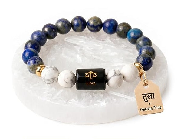 ShivaRatna Libra Zodiac Bracelet | Tula Rashi (तुला राशि) | Selenite Plate | Lab Certified | Stretchable Gemstone Bracelet | Men & Women Gift