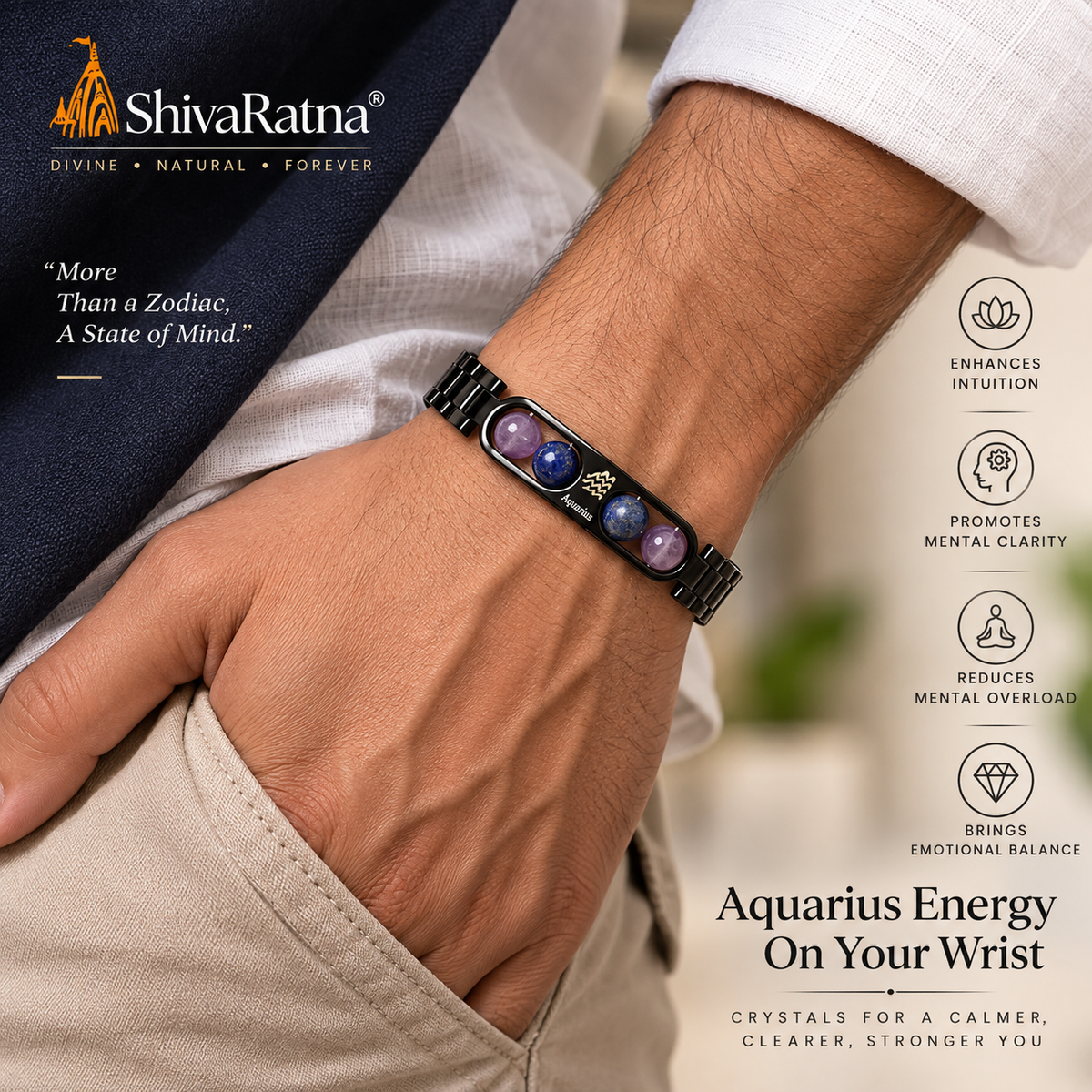 ShivaRatna Aquarius Zodiac Bracelet for Men | Metal Bracelet with Natural Crystal Beads