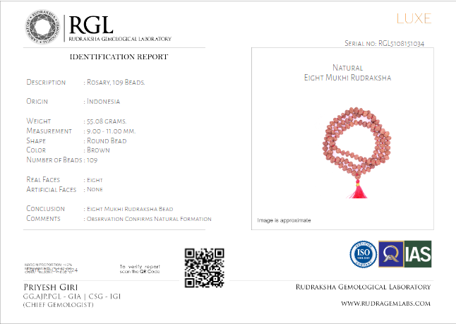 ISO Certificate of 8 Mukhi Rudraksha Mala