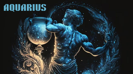 Aquarius zodiac sign with a classical statue holding a urn against a dark background