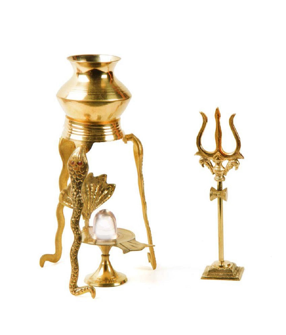 ShivaRatna Brass Jalhari Yoni Set with Sphatik Shivling and Trishul Decorative Showpiece (25cm, Gold) - ShivaRatna