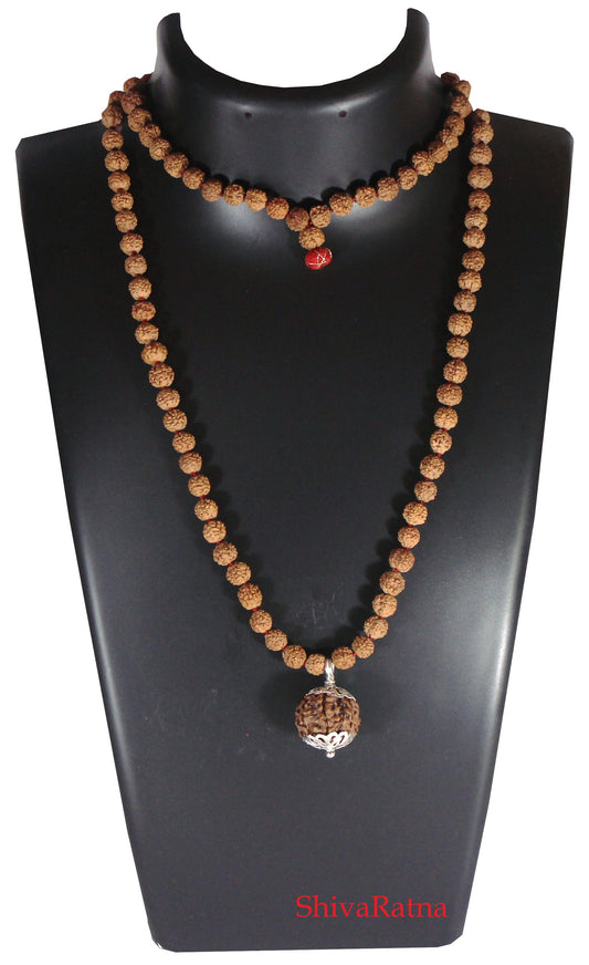 panch mukhi orignal rudraksha mala with 3 mukhi pendant 