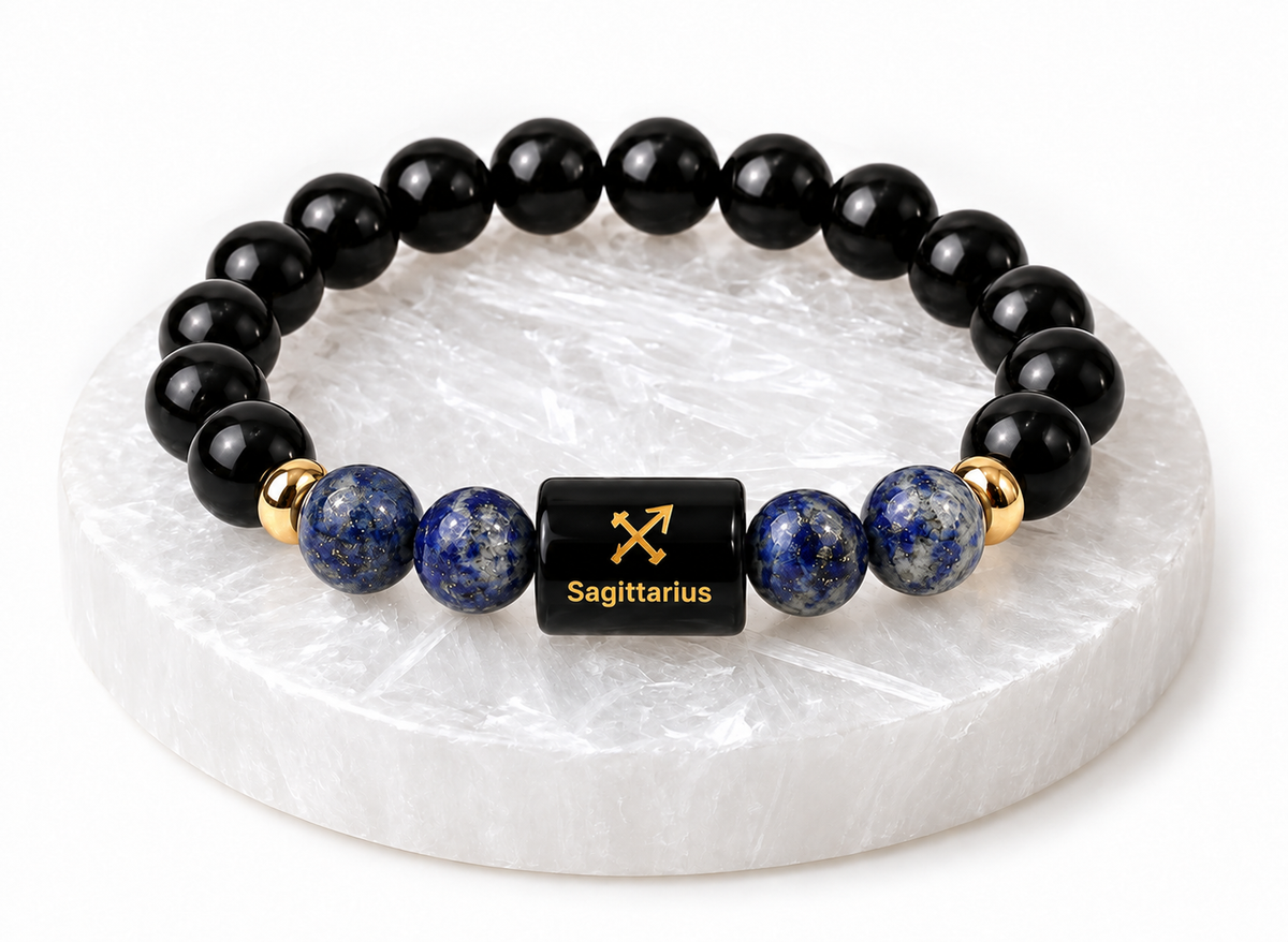 ShivaRatna Sagittarius Zodiac Bracelet (धनु राशि) | Dhanu Rashi | Selenite Plate | Lab Certified | Stretchable Gemstone Bracelet | Men & Women Gift