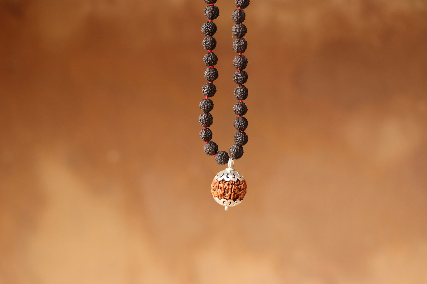 ShivaRatna 4 Mukhi Nepali Rudraksha Guru Mani with Pure Silver Cap, Lab Certification paired with 108-bead of 5 Mukhi Mala