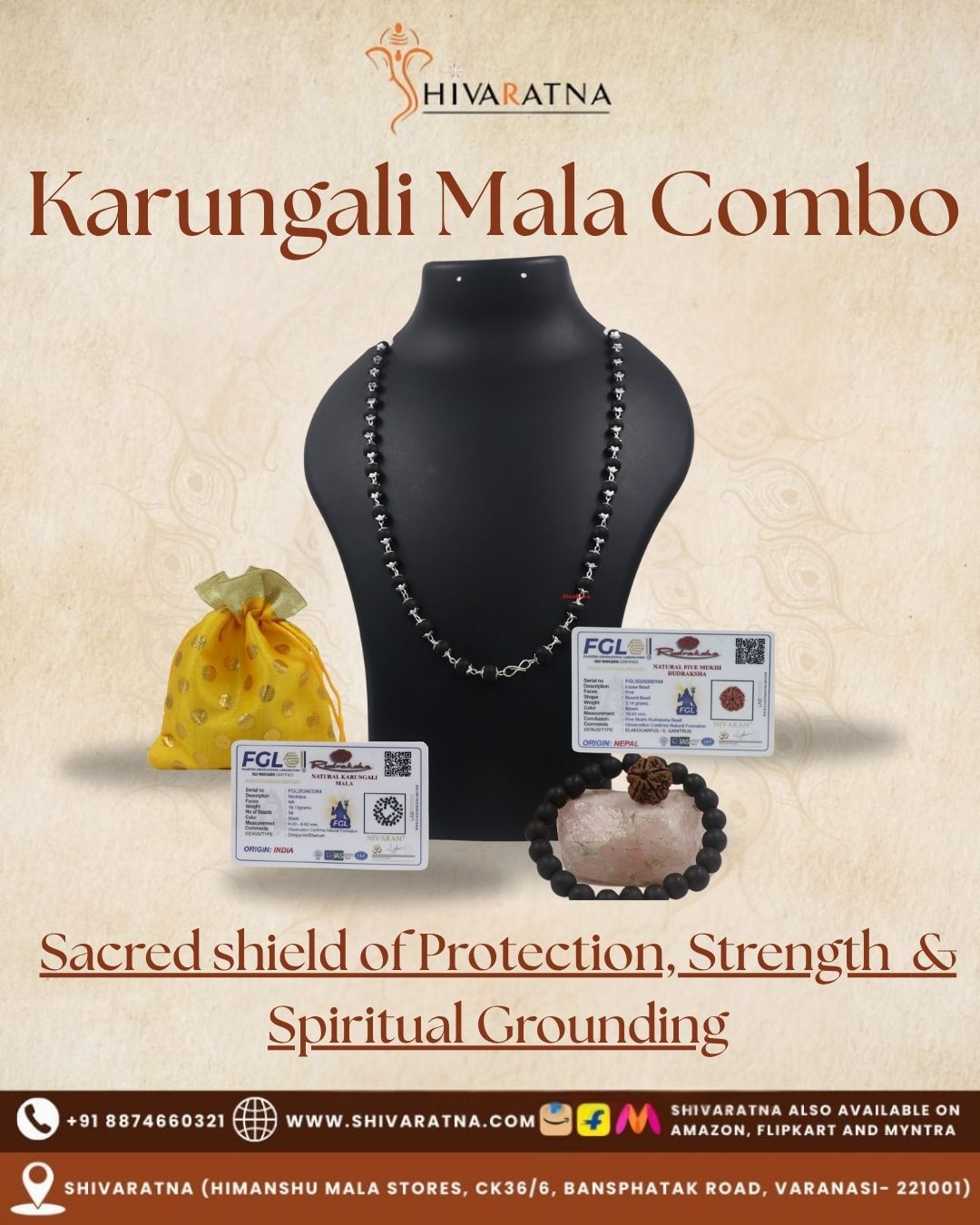 ShivaRatna 100% Natural Karungali Malai (54+1, 8mm) German Silver Finish | Dual Lab Certified Free: Karungali Bracelet + 5 Mukhi Rudraksha கருங்காலி மாலை – Sacred. Energized. Divine. - ShivaRatna