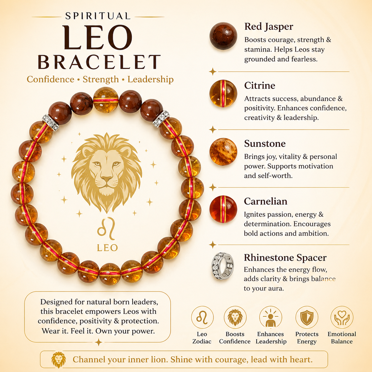 Leo bracelet with spiritual properties and zodiac symbol on a beige background