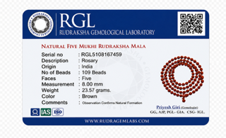 Rudraksha Mala label with RGL logo and product details