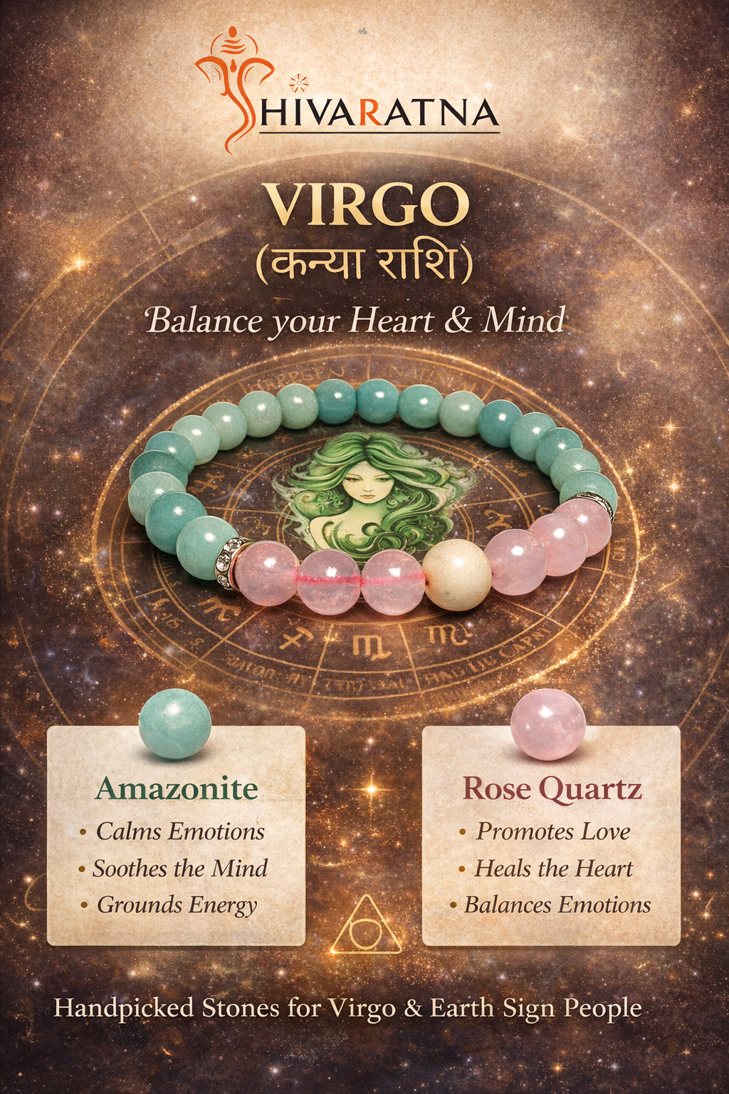 Shivaratna bracelet with gemstones on a Virgo zodiac background
