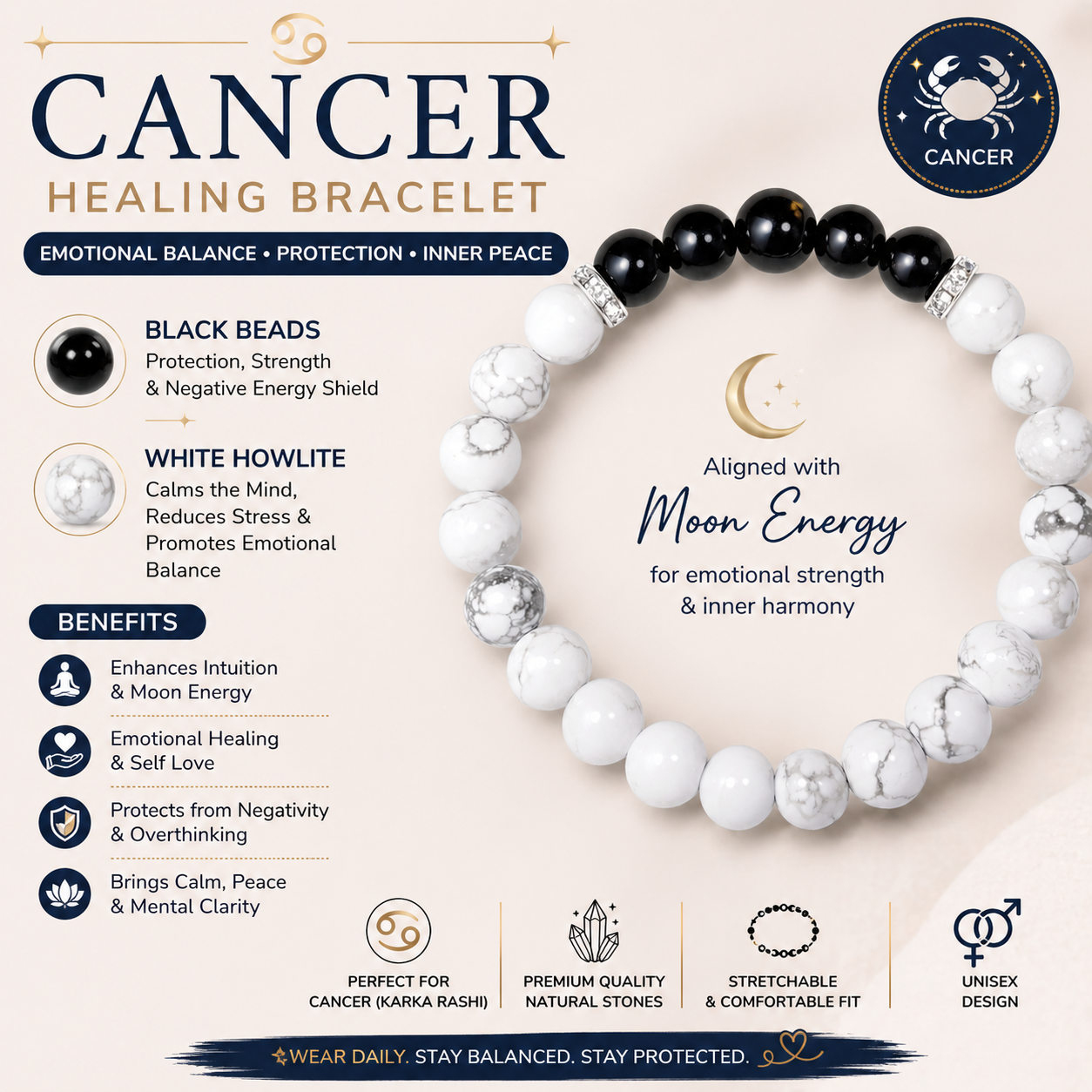 Cancer Healing Bracelet with black and white beads on a beige background