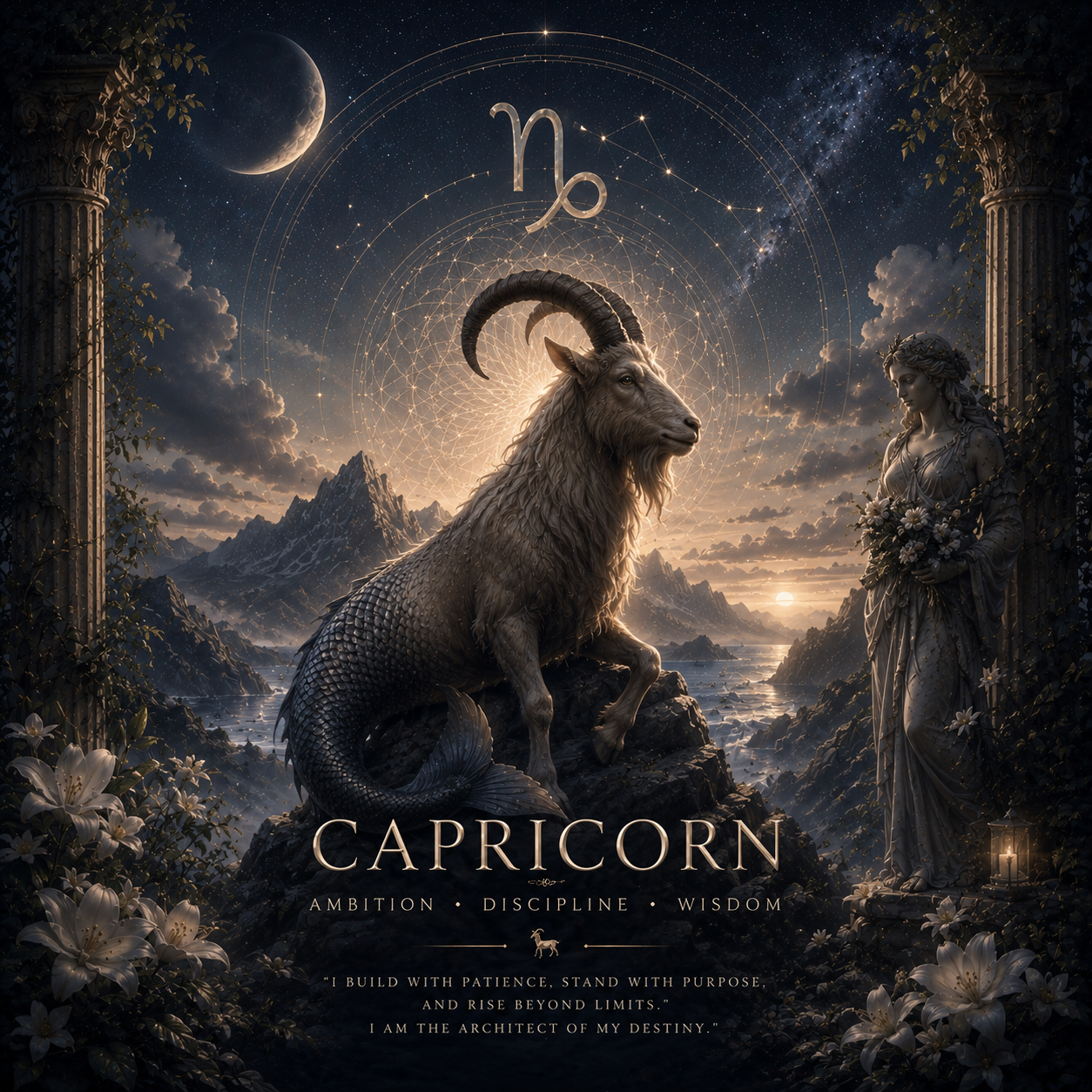 Capricorn zodiac sign with a goat and statue in a mystical landscape
