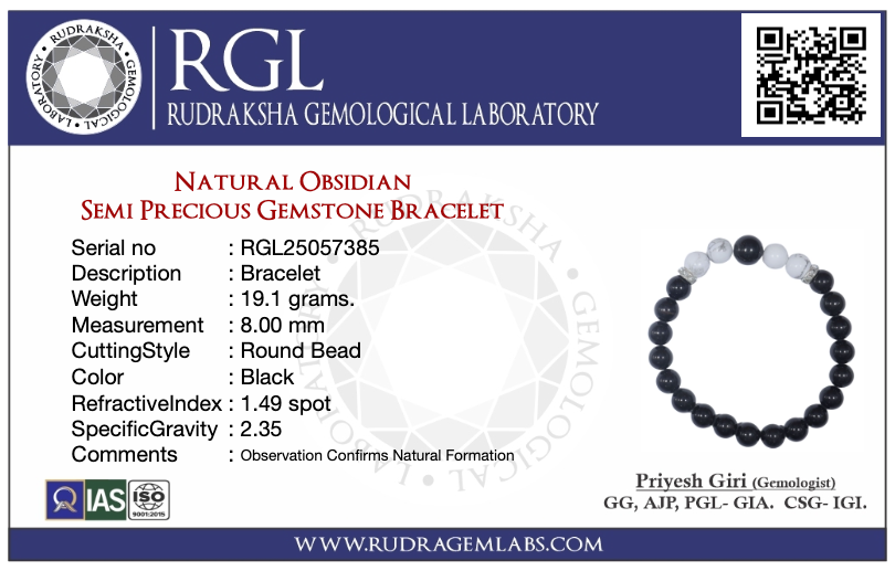 Rudraksha Gemological Laboratory certificate for a Natural Obsidian semi-precious gemstone bracelet.
