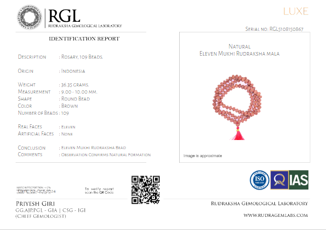 ISO Certificate of 11Mukhi Rudraksha Mala