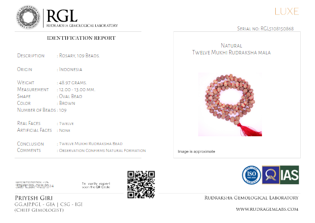 ISO Certificate of 12 Mukhi Rudraksha Mala