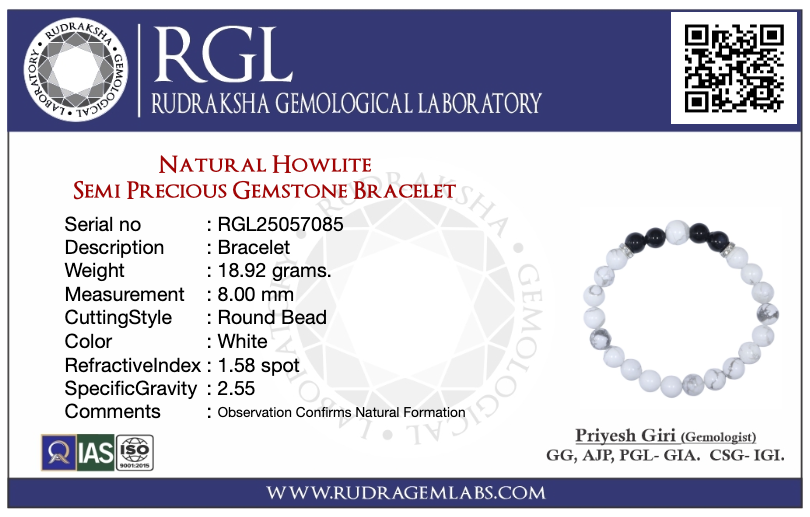 Rudraksha Gemological Laboratory certificate for a semi-precious gemstone bracelet with product details.