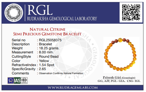 Rudraksha Gemological Laboratory certificate for a Natural Citrine Semi Precious Gemstone Bracelet with product details and RGL logo.