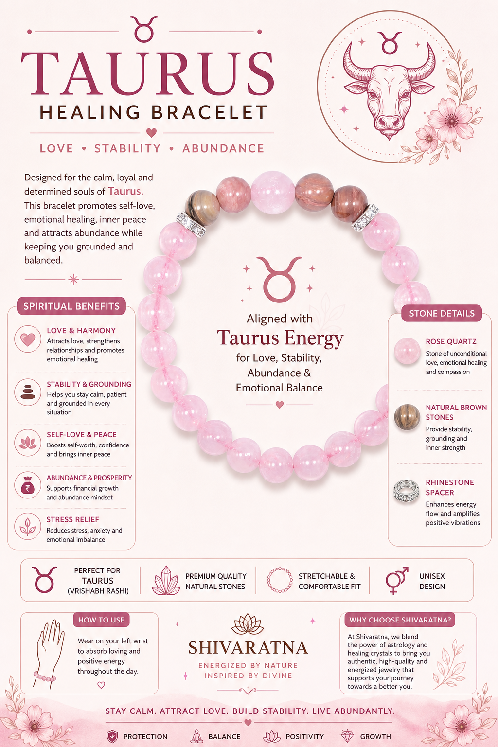 ShivaRatna Taurus Healing Bracelet – Rose Quartz & Natural Stones | Love • Stability • Abundance - ShivaRatna