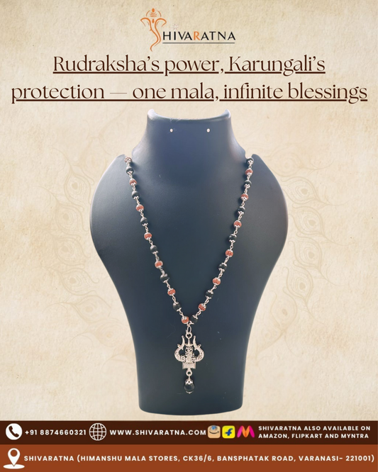 ShivaRatna OM Shiva Trishool Rudraksha Karungali Mala – The Shield of Divine Energy (Lab Certified)
