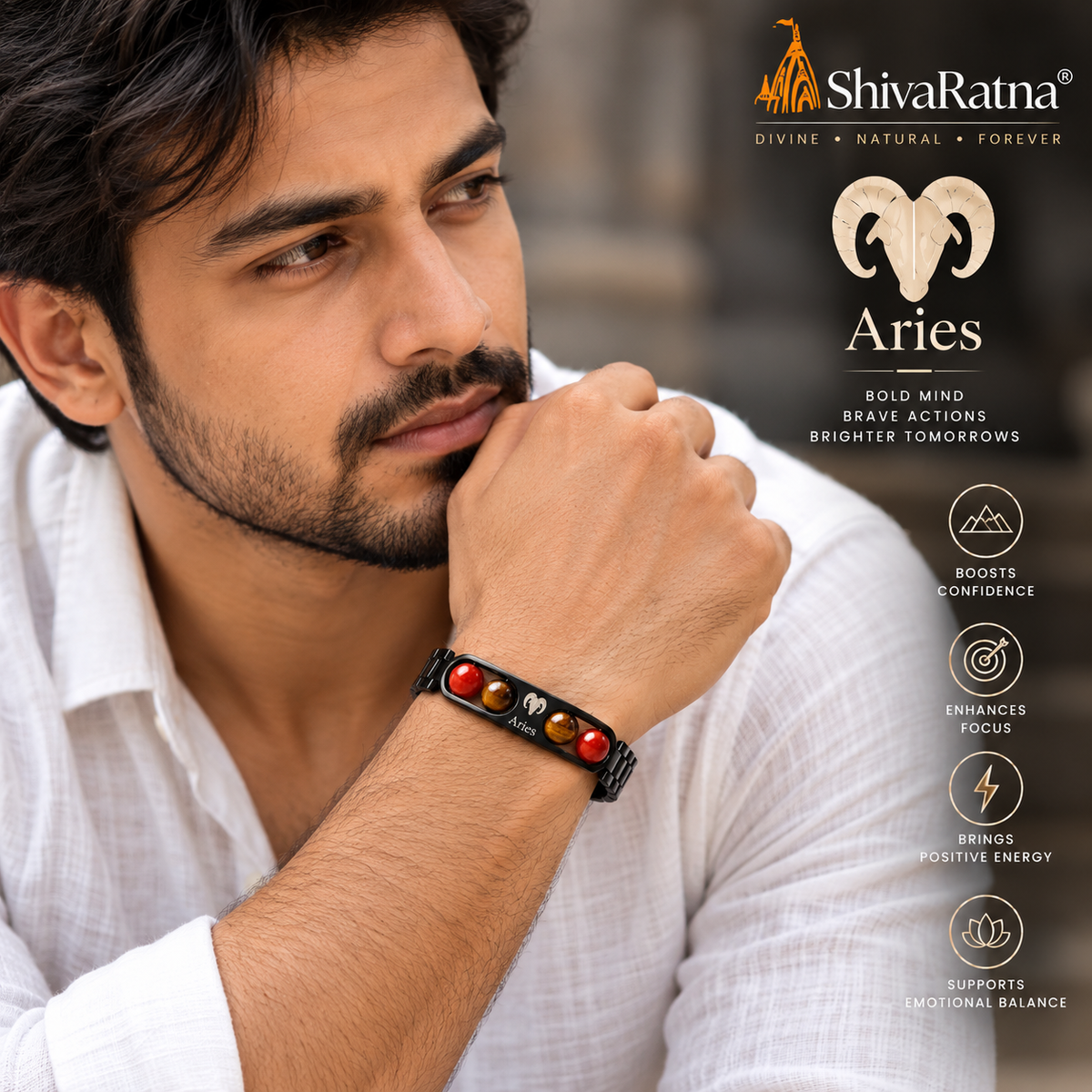 ShivaRatna Aries Zodiac Metal Bracelet for Men | AAA+ Natural Crystal Beads | Lab Certified | Aries Rashi Bracelet | Premium Gemstone Bracelet | Adjustable Fit