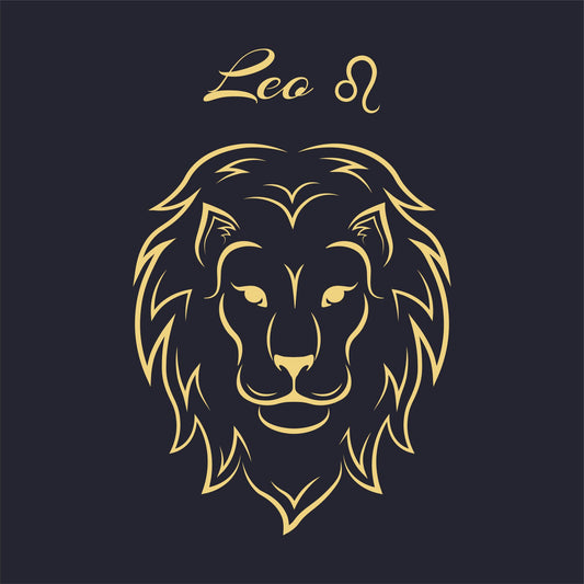 Gold lion head illustration with 'Leo' and a astrological symbol on a black background