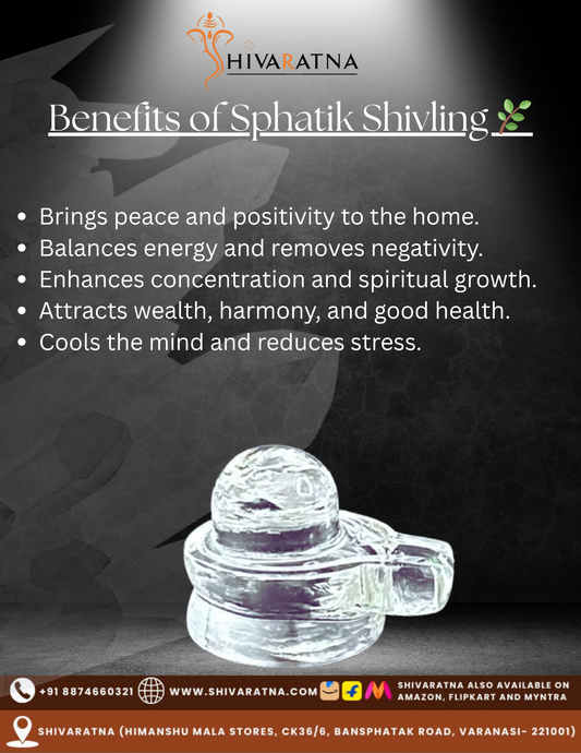 Advertisement for Shivaratna Sphatik Shivling with benefits listed on a dark background