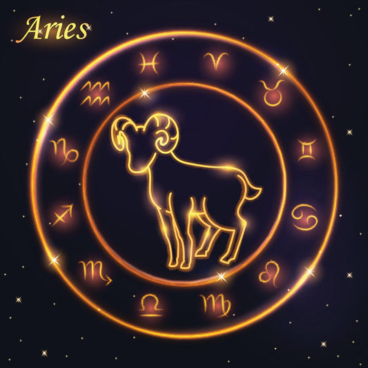 Aries zodiac sign with surrounding astrological symbols on a dark background