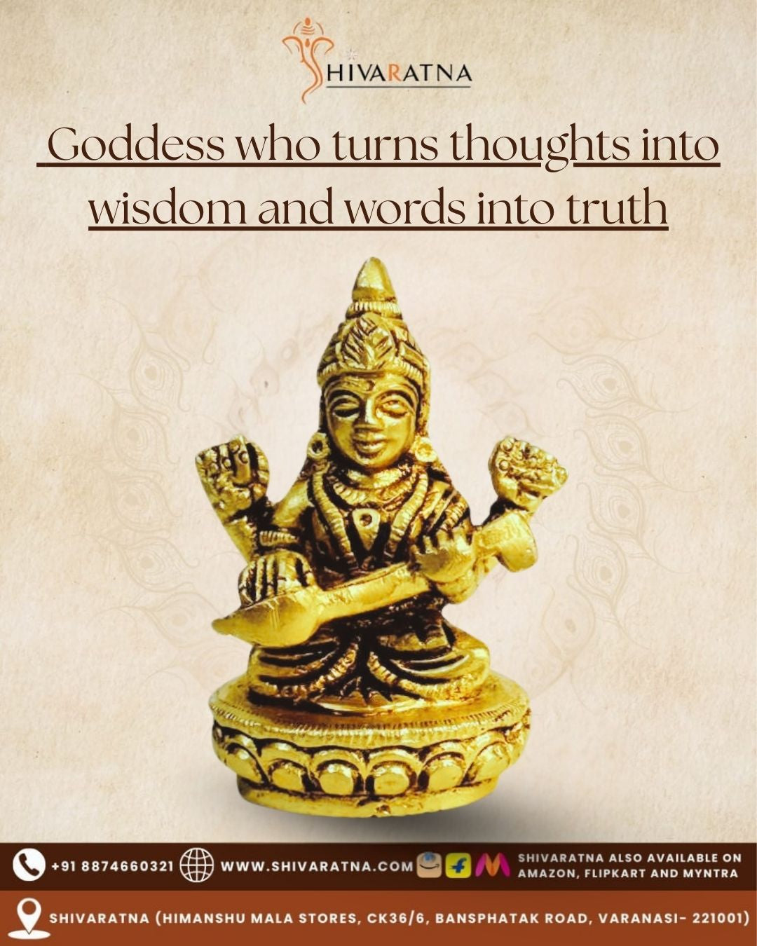 Gold-colored statue of a deity with text on a beige background