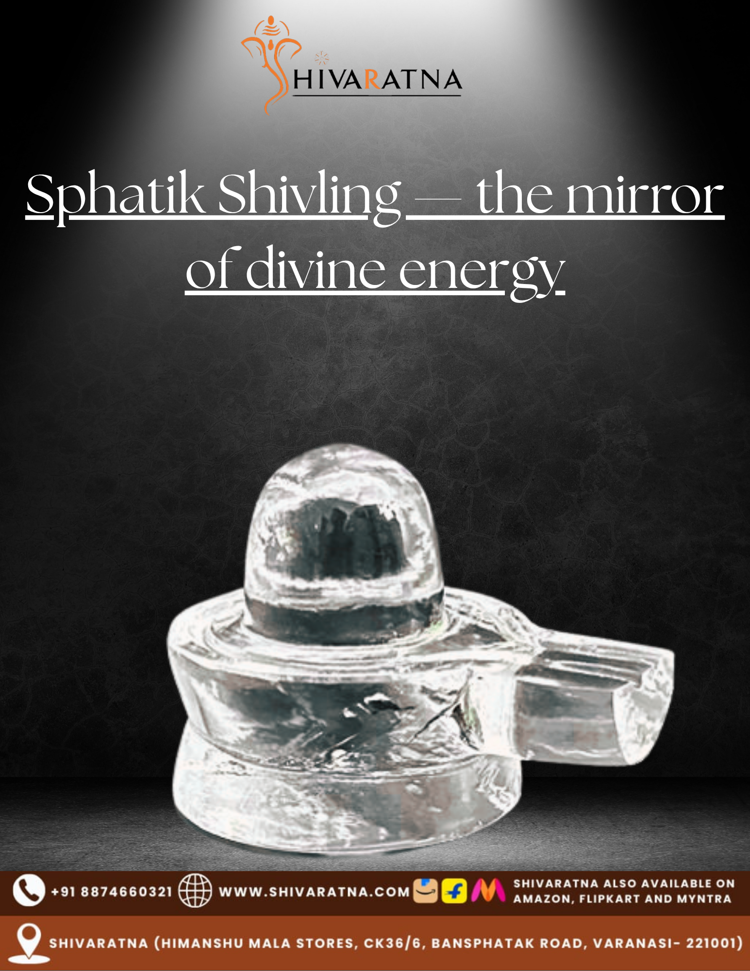 Crystal Shivling with Hivaratna branding on a dark background