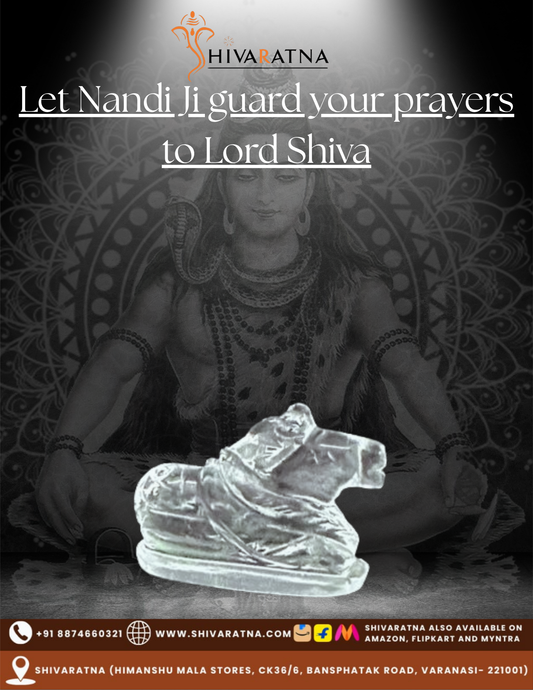 Statue of Nandi with text promoting Shivaratna, a brand associated with Lord Shiva.