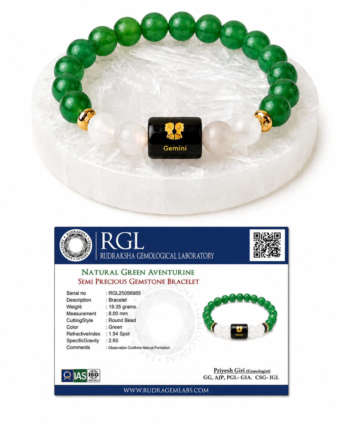 ShivaRatna Gemini Zodiac Bracelet | Mithun Rashi (मिथुन राशि) | Selenite Plate | Original Green Aventurine | Lab Certified | Men & Women