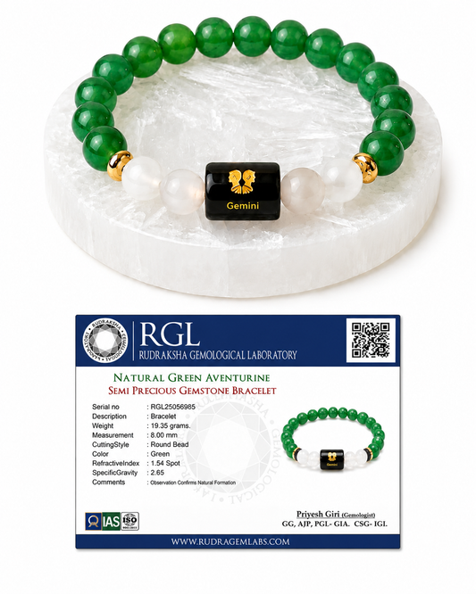 ShivaRatna Gemini Zodiac Bracelet | Mithun Rashi (मिथुन राशि) | Selenite Plate | Original Green Aventurine | Lab Certified | Men & Women - ShivaRatna