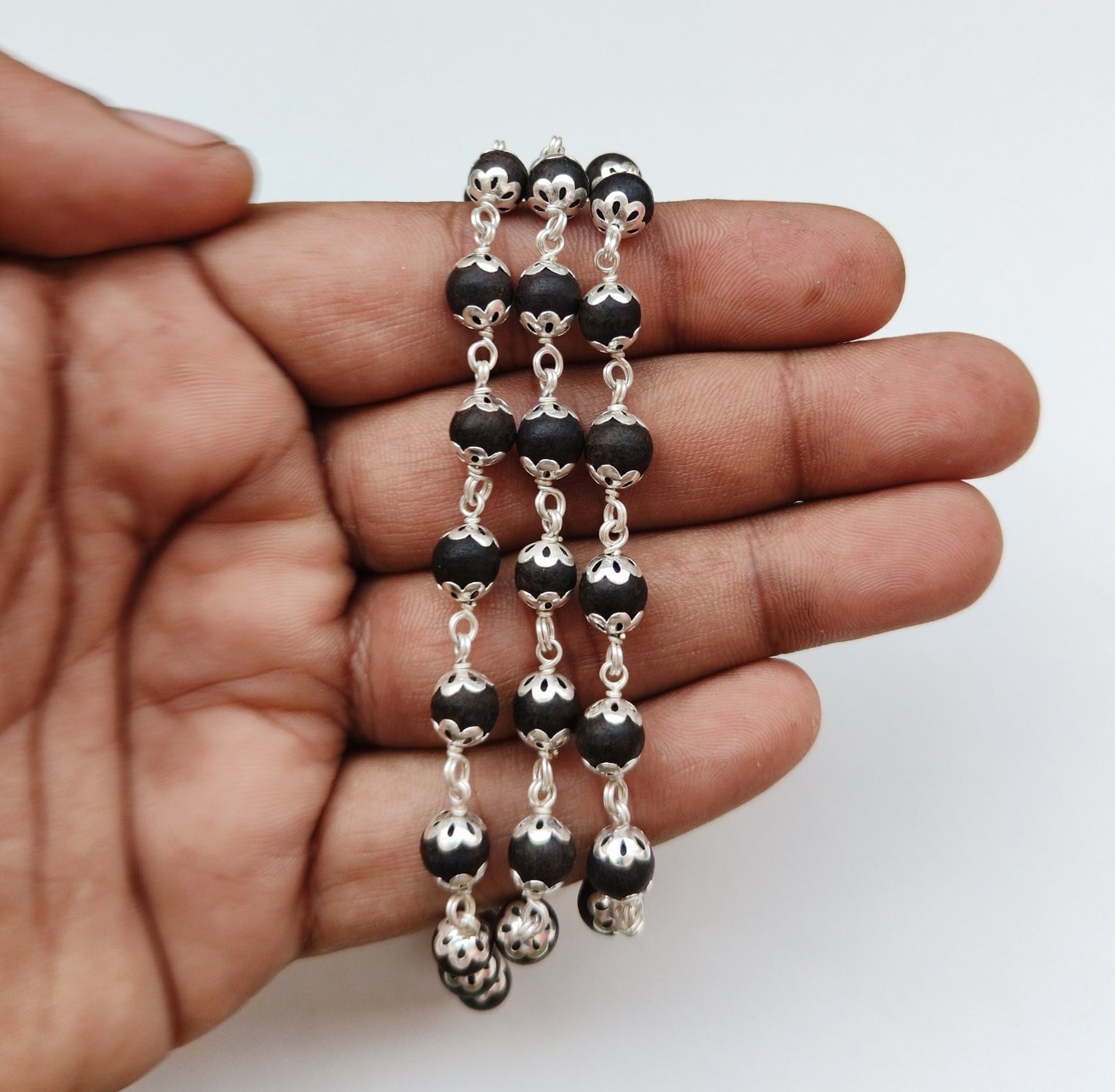 ShivaRatna Original 925 Silver Karungali Malai 8 mm 54+1 Beads, Silver Ebony Beads/Government Lab Certified